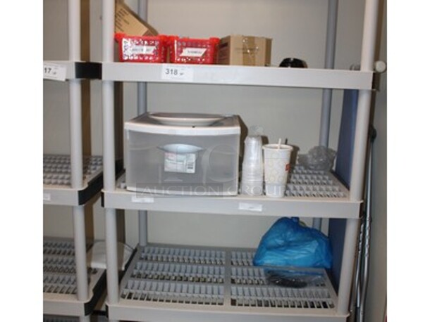 Plastic 5 Tier Shelving Unit With Contents. 35x24x73 - Image 1 of 1
