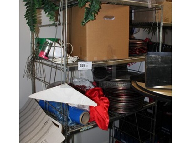 ALL ONE MONEY! Metal Shelving Unit, Fake Flower, Holiday Decorations, and Decorative Serving Trays. Winning Bidder Can Take What They Want From Lot!