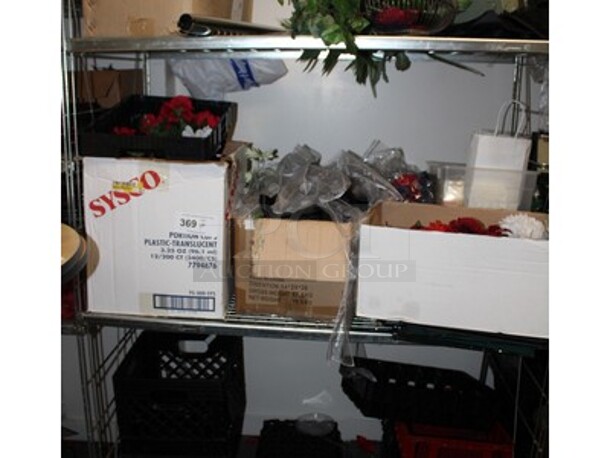 ALL ONE MONEY! Metal Shelving Unit, Fake Decorative Flowers, Plastic Crates. Winning Bidder Can Take What They Want From Lot! 