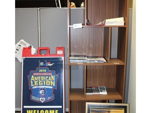 Wooden Book Shelf and Various Signs. 28x15x74