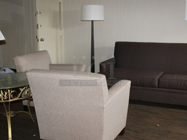 ALL ONE MONEY! Pull Out Sofa, 2 Chairs, Lamp, and Bronze Colored End Table with Glass Top! Sofa is 83