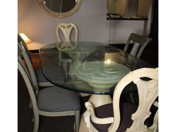 ALL ONE MONEY! Glass Top Dining Room Table, 5 Chairs, and Mirror. Table is 88x50x30. BUYER MUST REMOVE! Winning Bidder Can Take What They Want From Lot!