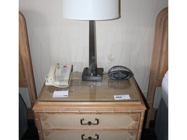 Night Stand With Drawers, Lamp, Clock, and Phone! 26x17x24. BUYER MUST REMOVE! Winning Bidder Can Take What They Want From Lot!