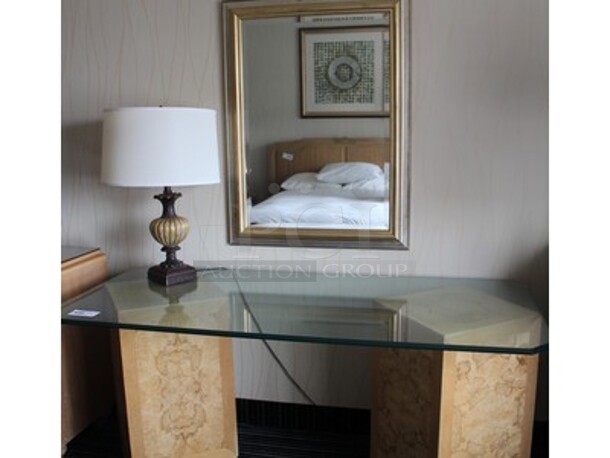 Table With Glass Counter Top, Lamp, and Mirror! 66x30x30. BUYER MUST REMOVE! Winning Bidder Can Take What They Want From Lot!
