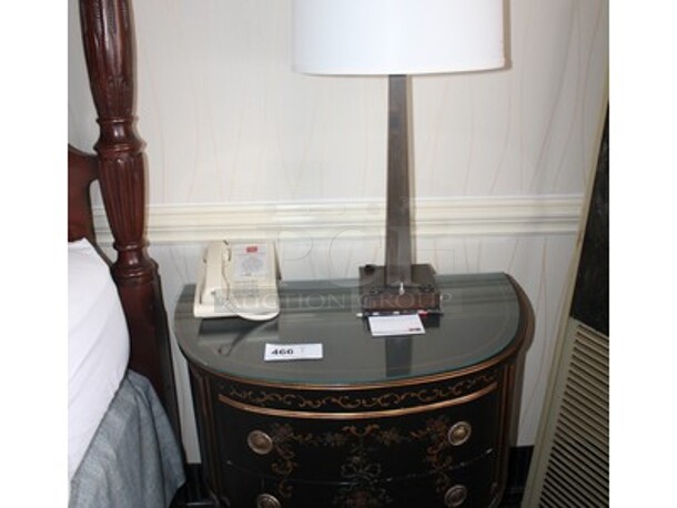Black Wooden Nightstand With Lamp and Phone! 28x18x27. BUYER MUST REMOVE! Winning Bidder Can Take What They Want From Lot!