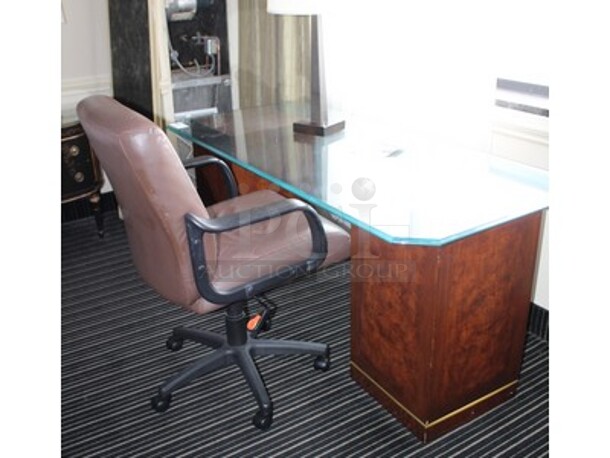 Wooden Desk With Glass Counter Top, Lamp, and Computer Chair! 66x30x29. BUYER MUST REMOVE! Winning Bidder Can Take What They Want From Lot!