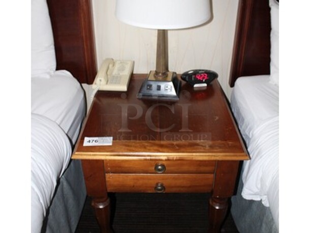 Wooden Night Stand With Lamp, Phone, and Clock! 24x28x24. BUYER MUST REMOVE! Winning Bidder Can Take What They Want From Lot!
