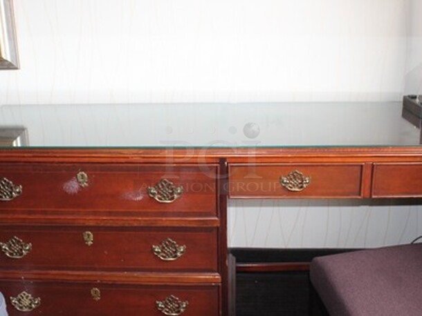 Contents In Suite! Includes 2 Wooden Bed Frame Sets for Double Sized Mattresses, End Table, Lamp, Phone, Table with 2 Chairs, Wooden Desk With Glass Top and Drawers, Pictures, and Wooden TV Stand/Cabinet! Does Not Include Mattresses! BUYER MUST REMOVE! Winning Bidder Can Take What They Want From Lot! - Image 7 of 9