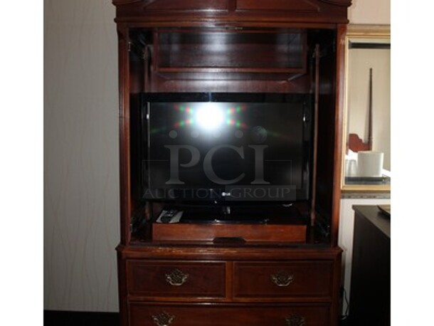 Contents In Suite! Includes 2 Wooden Bed Frame Sets for Double Sized Mattresses, End Table, Lamp, Phone, Table with 2 Chairs, Wooden Desk With Glass Top and Drawers, Pictures, and Wooden TV Stand/Cabinet! Does Not Include Mattresses! BUYER MUST REMOVE! Winning Bidder Can Take What They Want From Lot! - Image 8 of 9