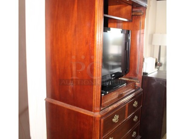 Contents In Suite! Includes 2 Wooden Bed Frame Sets for Double Sized Mattresses, End Table, Lamp, Phone, Table with 2 Chairs, Wooden Desk With Glass Top and Drawers, Pictures, and Wooden TV Stand/Cabinet! Does Not Include Mattresses! BUYER MUST REMOVE! Winning Bidder Can Take What They Want From Lot! - Image 9 of 9