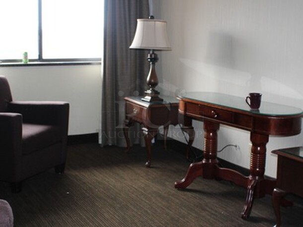 ALL ONE MONEY! Contents in Room! Includes Chairs, Wooden Night Stands, Lamps, Glass Dining Room Table with 4 Chairs, Wooden Table, Phone, Clock, Pull Out Sofa Bed. BUYER MUST REMOVE! Winning Bidder Can Take What They Want From Lot! - Image 1 of 11