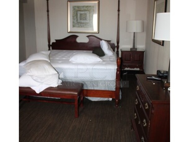 ALL ONE MONEY! Contents in Suite! Includes Wooden Bed Frame for King Sized Mattress, Wooden Night Stand, Bench, Wooden Dresser, Lamps, and Pictures. Mattress Not Included! BUYER MUST REMOVE! Winning Bidder Can Take What They Want From Lot! - Image 1 of 6