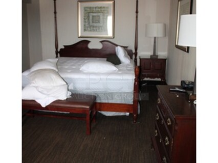 ALL ONE MONEY! Contents in Suite! Includes Wooden Bed Frame for King Sized Mattress, Wooden Night Stand, Bench, Wooden Dresser, Lamps, and Pictures. Mattress Not Included! BUYER MUST REMOVE! Winning Bidder Can Take What They Want From Lot!