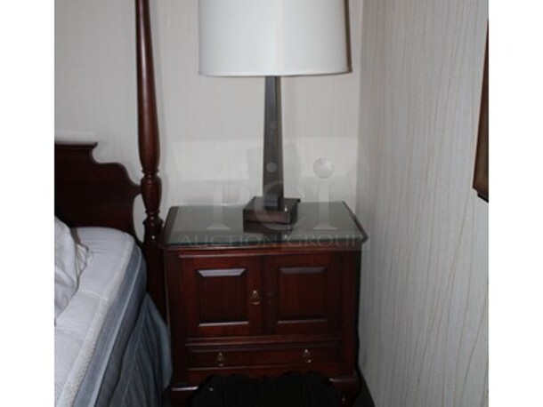 ALL ONE MONEY! Contents in Suite! Includes Wooden Bed Frame for King Sized Mattress, Wooden Night Stand, Bench, Wooden Dresser, Lamps, and Pictures. Mattress Not Included! BUYER MUST REMOVE! Winning Bidder Can Take What They Want From Lot! - Image 5 of 6