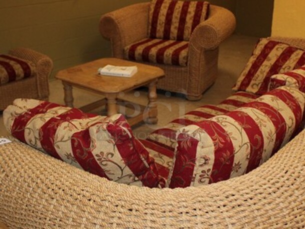 ALL ONE MONEY! Whicker and Rope Style Sofa with Cushions, Chair with Cushions, Ottoman, and Table! BUYER MUST REMOVE! Winning Bidder Can Take What They Want From Lot! - Image 1 of 6