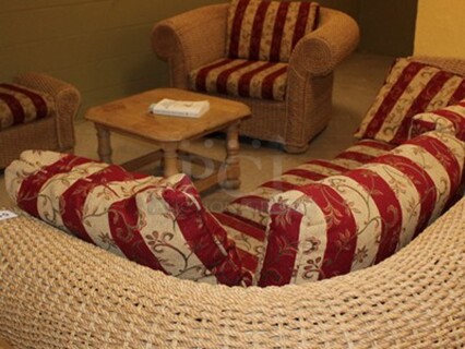 ALL ONE MONEY! Whicker and Rope Style Sofa with Cushions, Chair with Cushions, Ottoman, and Table! BUYER MUST REMOVE! Winning Bidder Can Take What They Want From Lot!