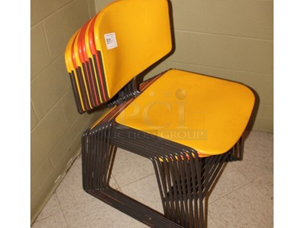 9 Plastic Red and Yellow Cafeteria Style Chairs! 18x16x22. 9x Your Bid!