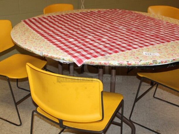 Round Folding Table With 5 Chair, Table Cover, and Table Cloth! Table is 65x65x29 - Image 1 of 1