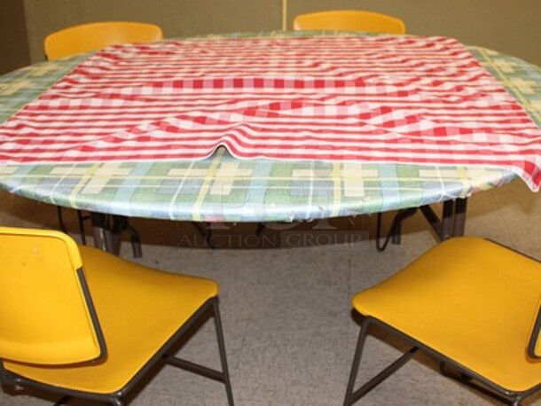 Round Folding Table With 4 Chairs, Table Cover, and Table Cloth! Table is 65x65x29 - Image 1 of 1