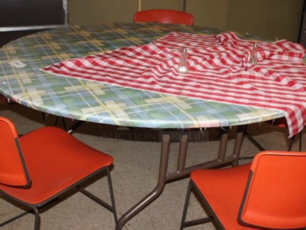 Round Folding Table With 5 Chairs, Table Cloth and Table Cover! Table is 65x65x29 - Image 1 of 1