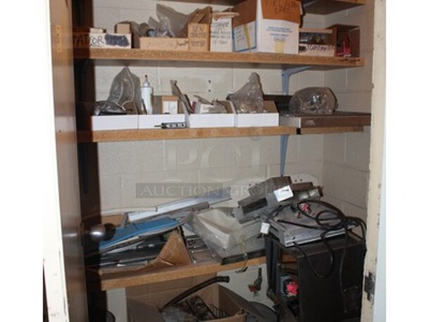 ALL ONE MONEY! Contents in Closet! Lot Includes Plumbing Parts, Ice Maker Parts, Knobs, Motors, Walk In Parts, Fire Alarm Parts, and Much More! BUYER MUST REMOVE! Winning Bidder Can Take What They Want From Lot! - Image 1 of 7