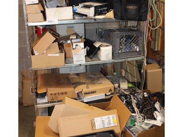 ALL ONE MONEY! Metal Shelving Unit With Paradyne Modems, Brand New Phones, Various Cables, AlertMaster Am-6000 Alarm Clocks, and More! Winning Bidder Can Take What They Want From Lot!