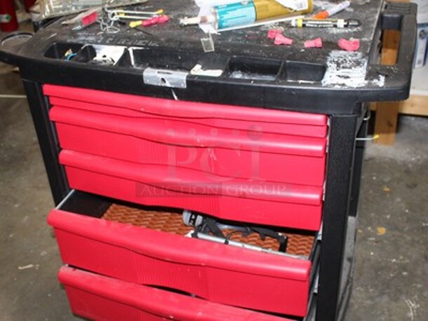 Plastic Tool Cart With 4 Drawers. Includes Contents! 33x20x32 - Image 1 of 4