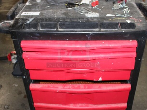 Plastic Tool Cart With 4 Drawers. Includes Contents! 33x20x32 - Image 1 of 3