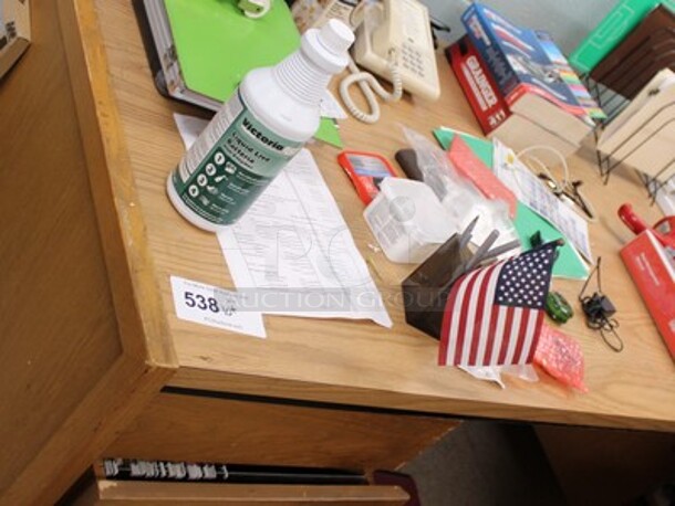 ALL ONE MONEY! Lot Includes Desk, Computer Chair, Phone, File Holders, Pens, Dust Buster and More! - Image 1 of 4