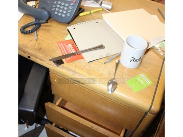 ALL ONE MONEY! Lot Includes Desk, Computer Chair, Phone, Flash Lights, and More! Desk is 59x28x30 - Image 2 of 2