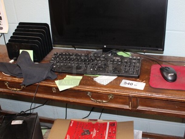 ALL ONE MONEY! Lot Includes Desk, HP24yh Monitor, Dell Keyboard, Mouse, Mouse Pad, and File Holders. Desk is 56x14x26