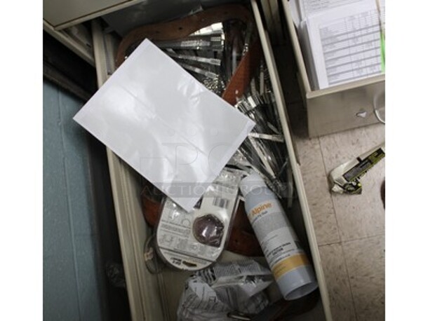 Filing Cabinet and Contents! Lot Includes Pain Brush, Vacuum Belts, Ion Detector, Tape, and More! - Image 2 of 4