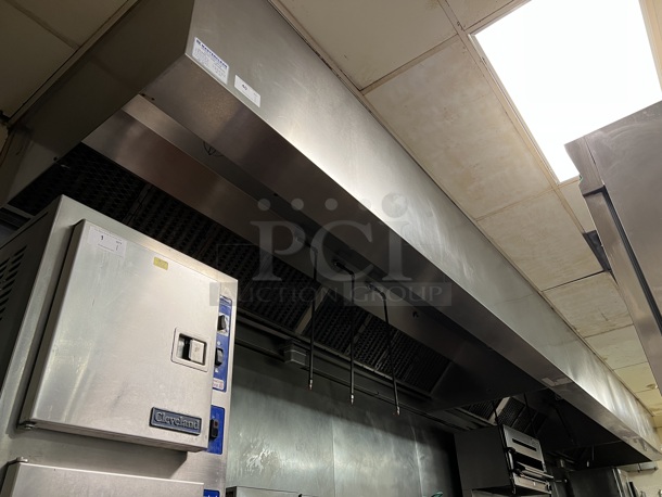 28' Stainless Steel Commercial Grease Hood w/ Filters. 336x54x24. Sections: 12', 9' and 7'. BUYER MUST REMOVE. (kitchen)