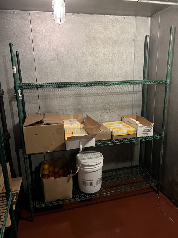 Green Finish 3 Tier Shelving Unit. Does Not Come w/ Contents. BUYER MUST DISMANTLE. PCI CANNOT DISMANTLE FOR SHIPPING. PLEASE CONSIDER FREIGHT CHARGES. 60x18x67. (kitchen)