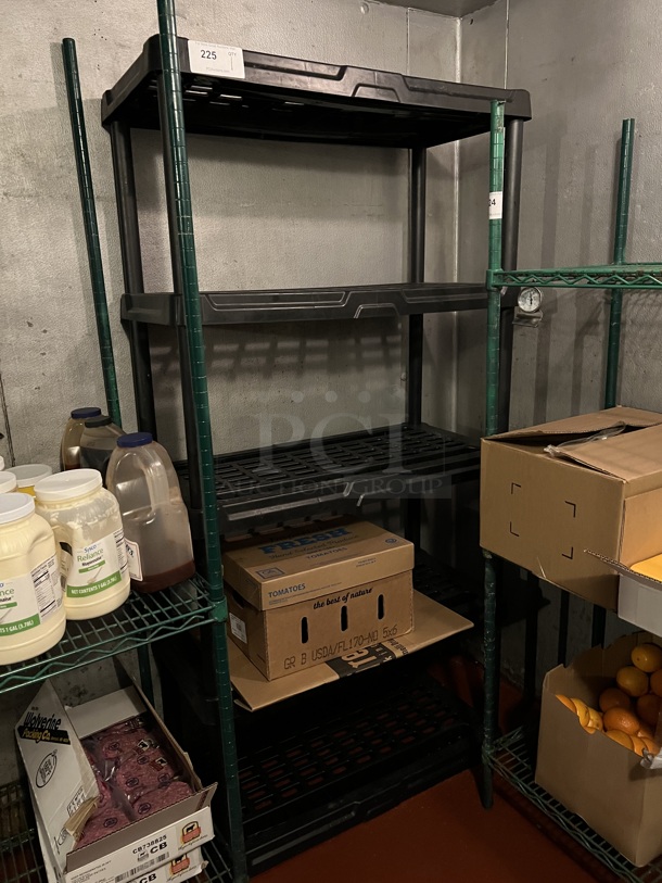 Black Poly 5 Tier Shelving Unit. Does Not Come w/ Contents. BUYER MUST DISMANTLE. PCI CANNOT DISMANTLE FOR SHIPPING. PLEASE CONSIDER FREIGHT CHARGES. 36x18x71. (kitchen)