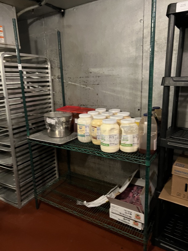 Green Finish 2 Tier Shelving Unit. Does Not Come w/ Contents. BUYER MUST DISMANTLE. PCI CANNOT DISMANTLE FOR SHIPPING. PLEASE CONSIDER FREIGHT CHARGES. 48x24x74. (kitchen)