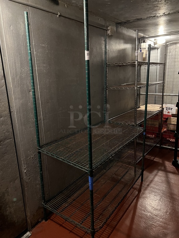Green Finish 2 Tier Shelving Unit. Does Not Come w/ Contents. BUYER MUST DISMANTLE. PCI CANNOT DISMANTLE FOR SHIPPING. PLEASE CONSIDER FREIGHT CHARGES. 48x24x74. (kitchen)