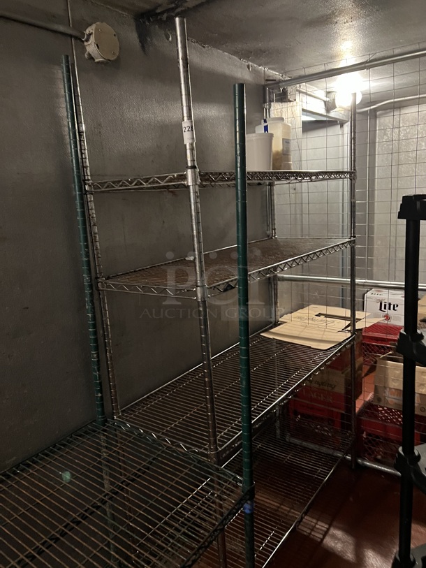 Chrome Finish 4 Tier Shelving Unit. Does Not Come w/ Contents. BUYER MUST DISMANTLE. PCI CANNOT DISMANTLE FOR SHIPPING. PLEASE CONSIDER FREIGHT CHARGES. 48x18x74. (kitchen) - Image 1 of 4