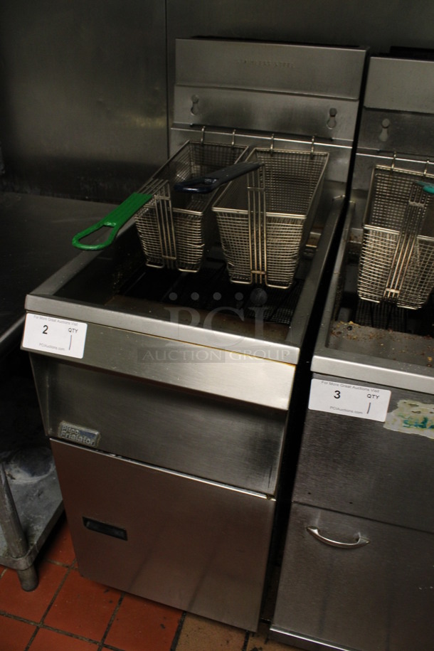 Pitco Frialator Model 14S Stainless Steel Commercial Floor Style Natural Gas Powered Deep Fat Fryer w/ 2 Metal Fry Baskets on Commercial Casters. 110,000 BTU. 16x32x47. (kitchen) - Image 2 of 6