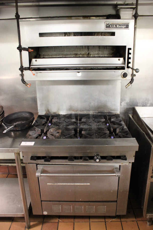 US Range Model SX-B-26 Stainless Steel Commercial Natural Gas Powered 6 Burner Range w/ Oven and Cheese Melter on Commercial Casters. 36x33x73. (kitchen)