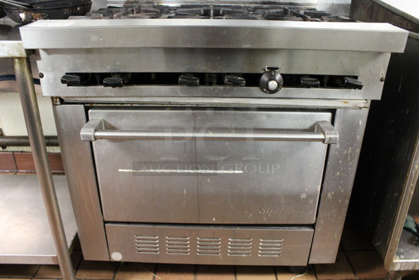 US Range Model SX-B-26 Stainless Steel Commercial Natural Gas Powered 6 Burner Range w/ Oven and Cheese Melter on Commercial Casters. 36x33x73. (kitchen) - Image 6 of 10
