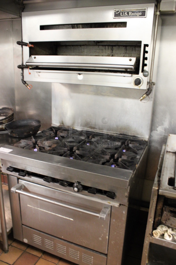 US Range Model SX-B-26 Stainless Steel Commercial Natural Gas Powered 6 Burner Range w/ Oven and Cheese Melter on Commercial Casters. 36x33x73. (kitchen) - Image 8 of 10