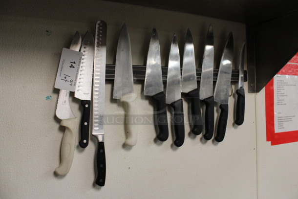 ALL ONE MONEY! Lot of 10 Various Stainless Steel Knives and Wall Mount Magnetic Strip! BUYER MUST REMOVE. (kitchen)