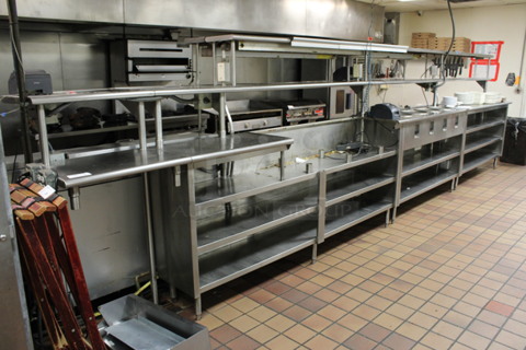 Stainless Steel Commercial Prep Station w/ Steam Table, Under Shelves and Double Over Shelf. Does Not Come w/ Contents. BUYER MUST REMOVE. 261x54x69 (kitchen)