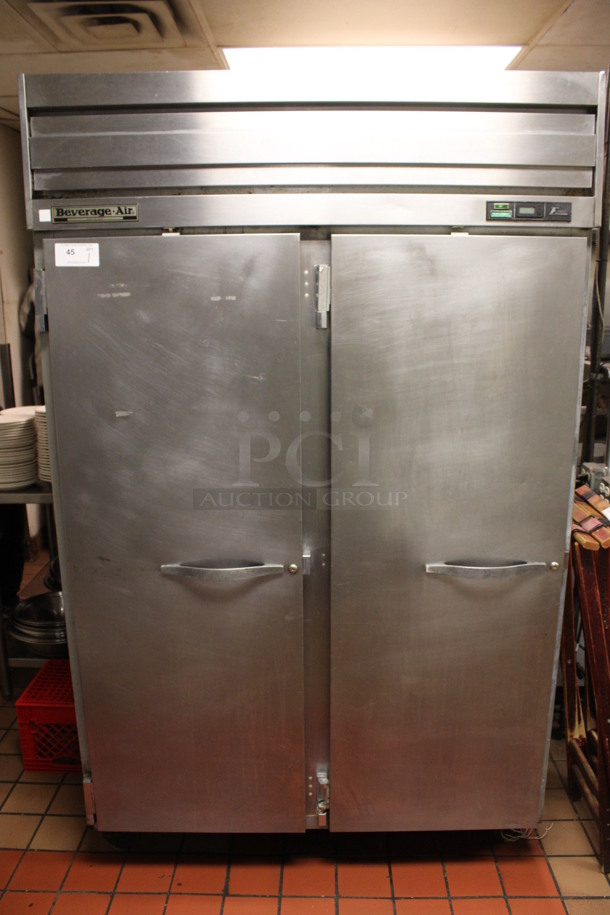 Beverage Air Model ER48-1AS Stainless Steel Commercial 2 Door Reach In Cooler on Commercial Casters. 115 Volts, 1 Phase. 52x34x84.5. (kitchen)