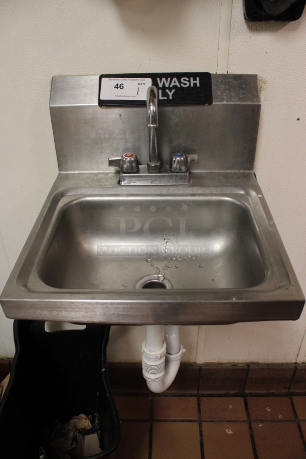 Stainless Steel Commercial Wall Mount Single Bay Sink w/ Faucet and Handles. BUYER MUST REMOVE. 17x17x21. (kitchen)