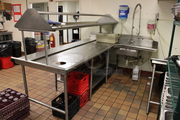 Stainless Steel Commercial L Shaped Left Side Dirty Side Dishwasher Table w/ Sink Bay, Over Shelf and Under Shelf. BUYER MUST REMOVE. 108x78x65. Bay 21x21x7. (kitchen)