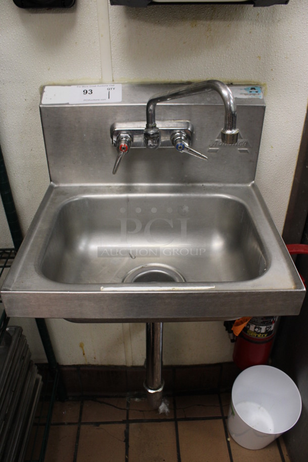 Stainless Steel Commercial Single Bay Wall Mount Sink w/ Faucet and Handles. BUYER MUST REMOVE. 17x15.5x18. (kitchen)