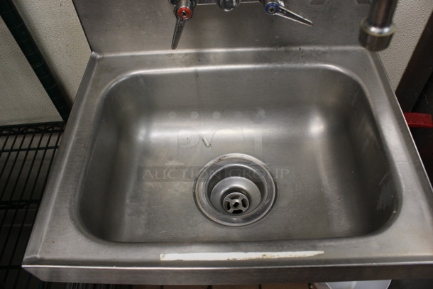 Stainless Steel Commercial Single Bay Wall Mount Sink w/ Faucet and Handles. BUYER MUST REMOVE. 17x15.5x18. (kitchen) - Image 4 of 4
