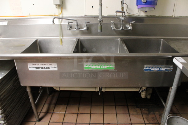 Stainless Steel Commercial 3 Bay Sink w/ Dual Drainboards, Faucet, Handles and Spray Nozzle Attachment. BUYER MUST REMOVE. 108x30x44. Bays 20x24x12. Drainboards 21x26x2. (kitchen) - Image 2 of 4